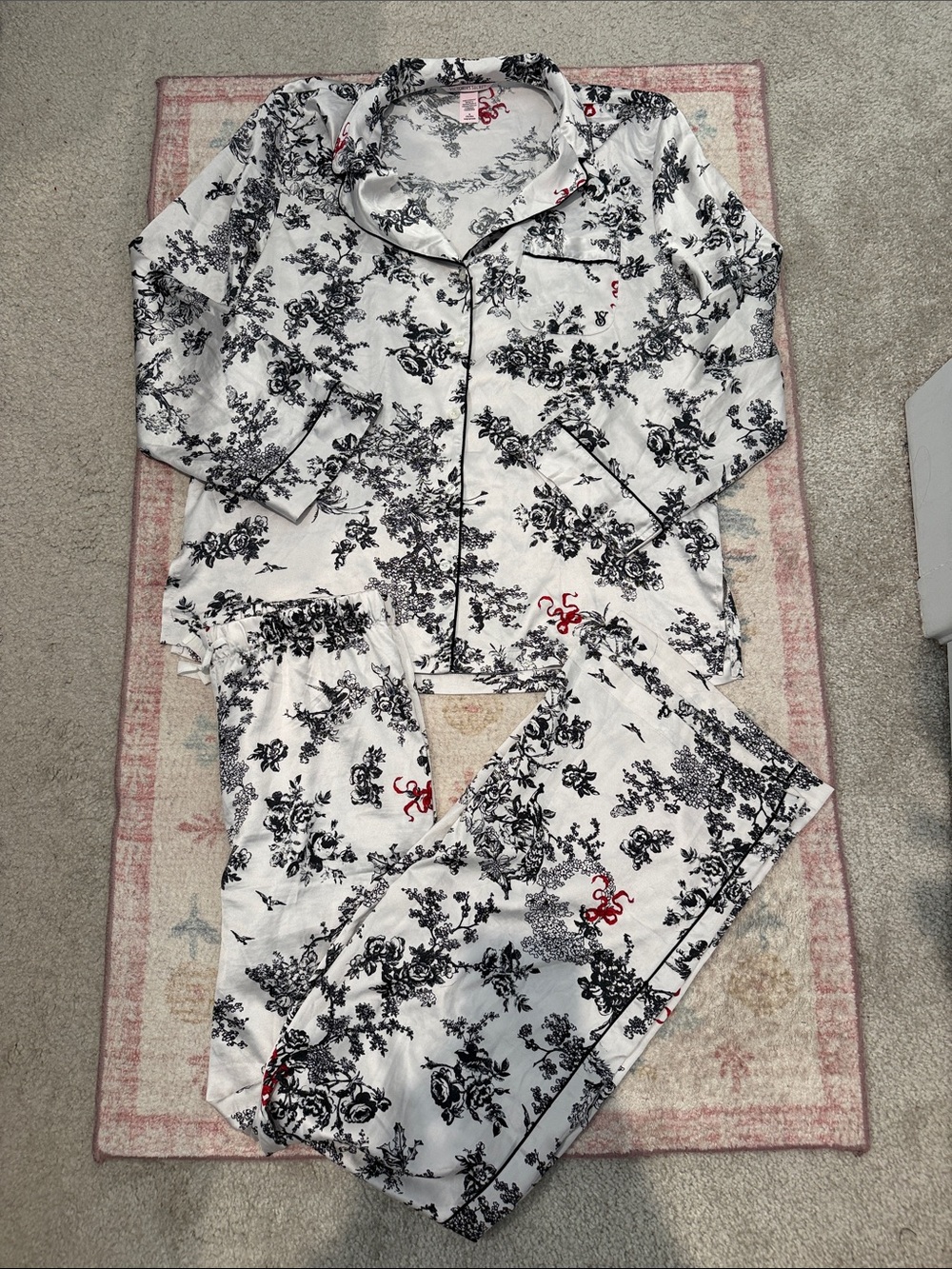 Victoria’s Secret white and black toile long sleeve satin pajama set